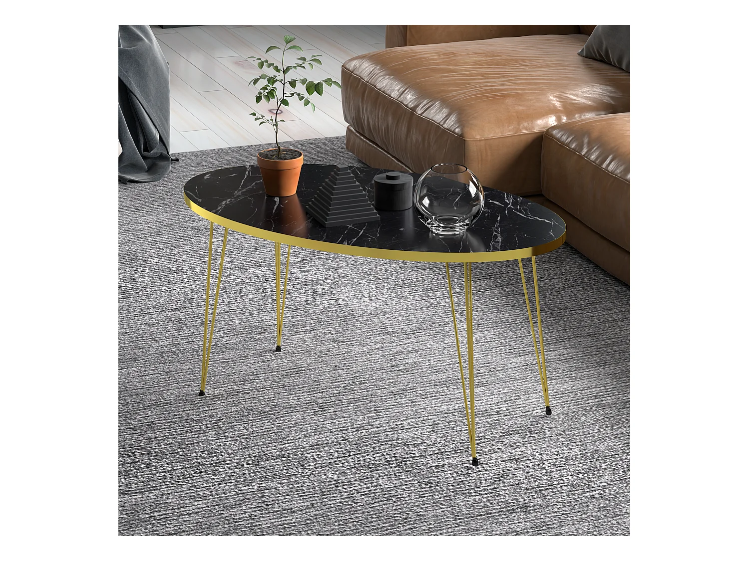 Table basse Skævinge ovale 43 x 90 x 50 cm marbre noir or [en.casa]