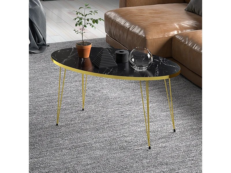 Table basse Skævinge ovale 43 x 90 x 50 cm marbre noir or [en.casa]
