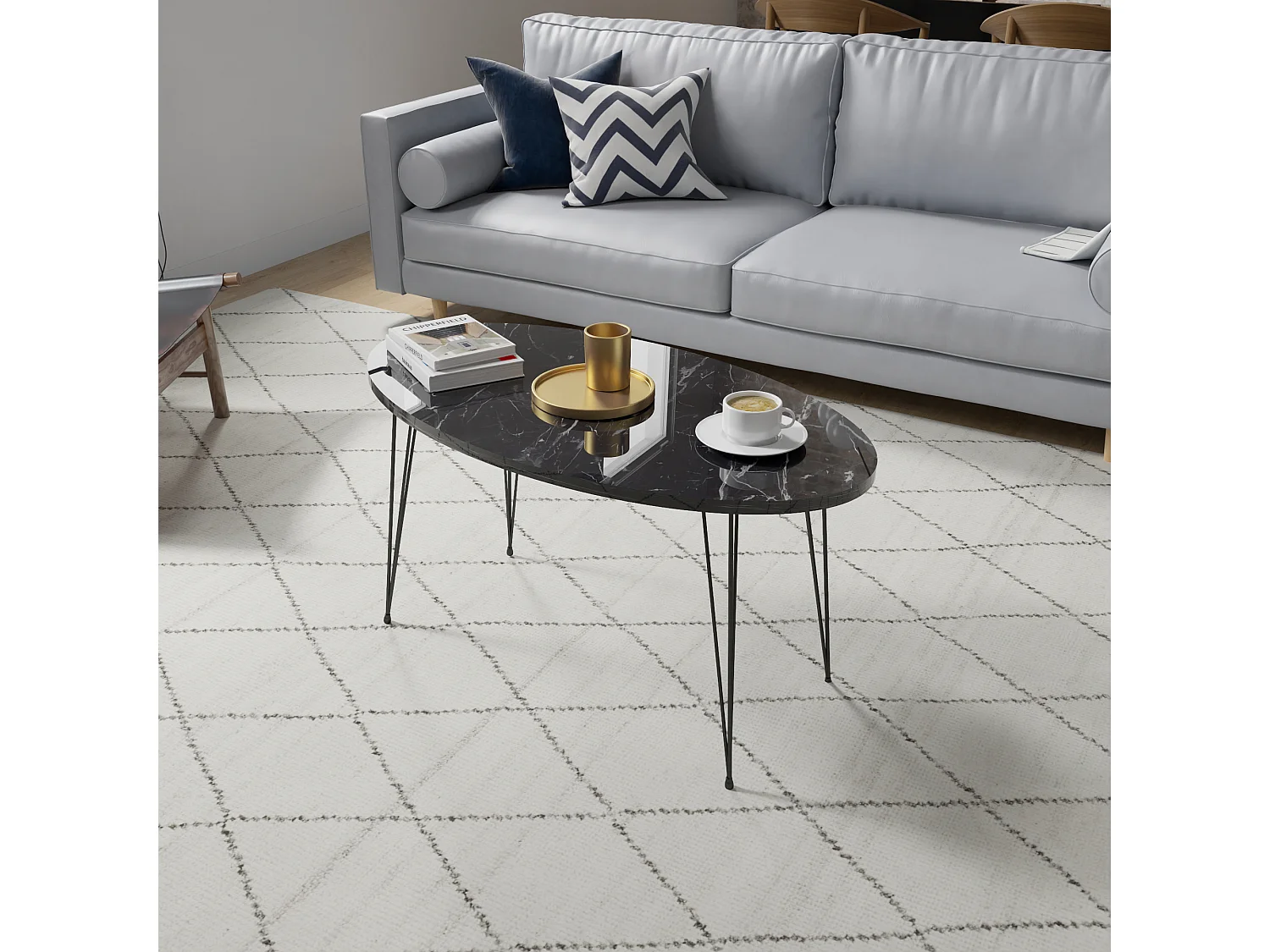 Table basse Skævinge ovale 43 x 90 x 50 cm marbre noir [en.casa]