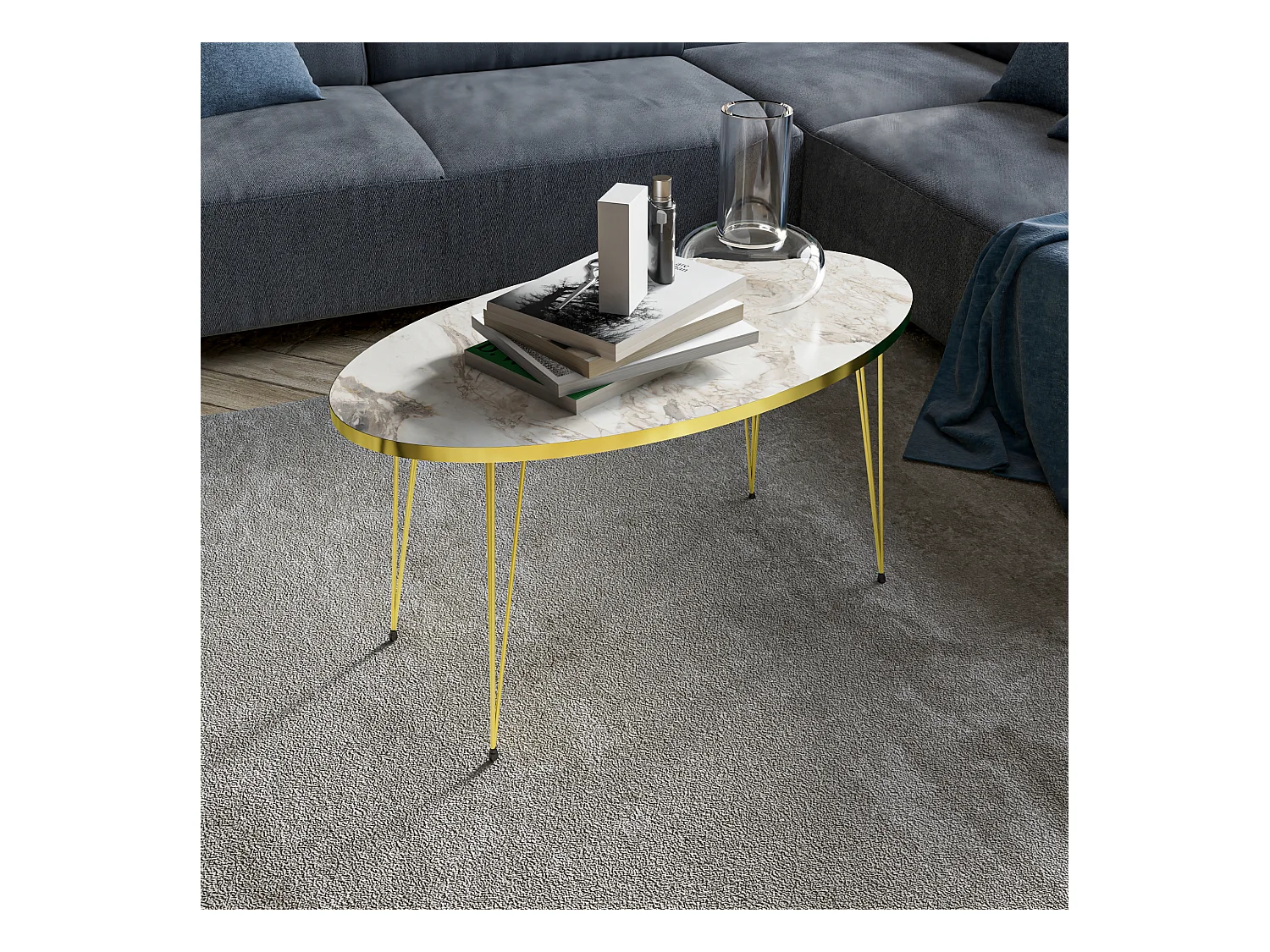 Table basse Skævinge ovale 43 x 90 x 50 cm marbre blanc or [en.casa]