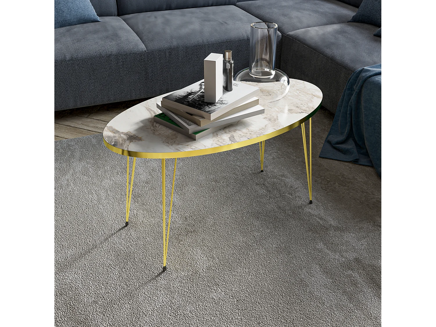 Table basse Skævinge ovale 43 x 90 x 50 cm marbre blanc or [en.casa]