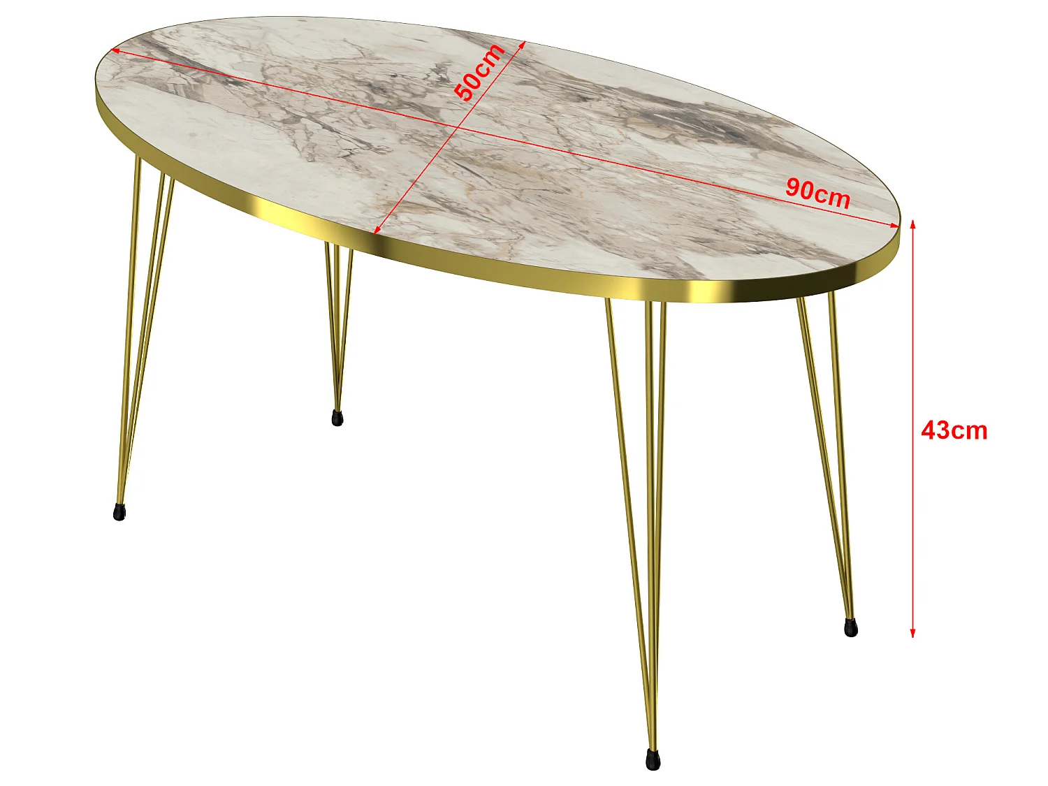 Table basse Skævinge ovale 43 x 90 x 50 cm marbre blanc or [en.casa]