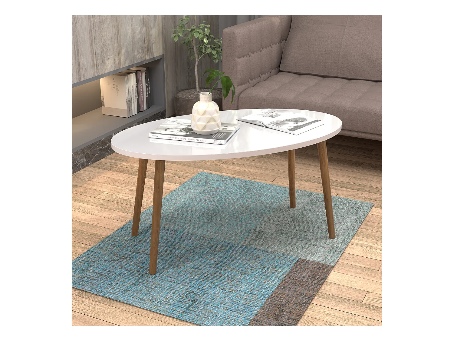 Table basse Sindal ovale 41 x 90 x 50cm blanc naturel [en.casa]