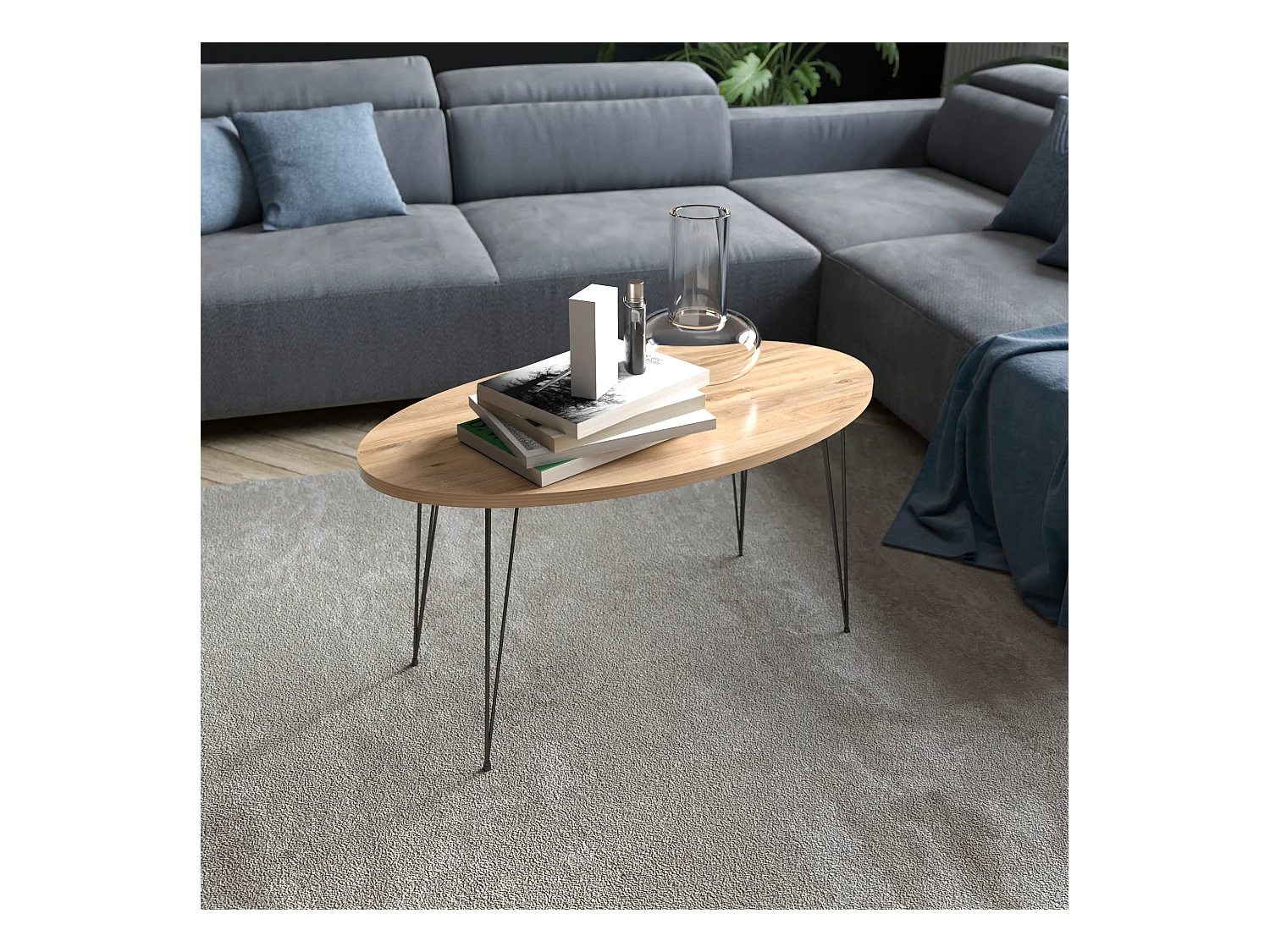 Table basse Skævinge ovale 43 x 90 x 50 cm naturel noir [en.casa]