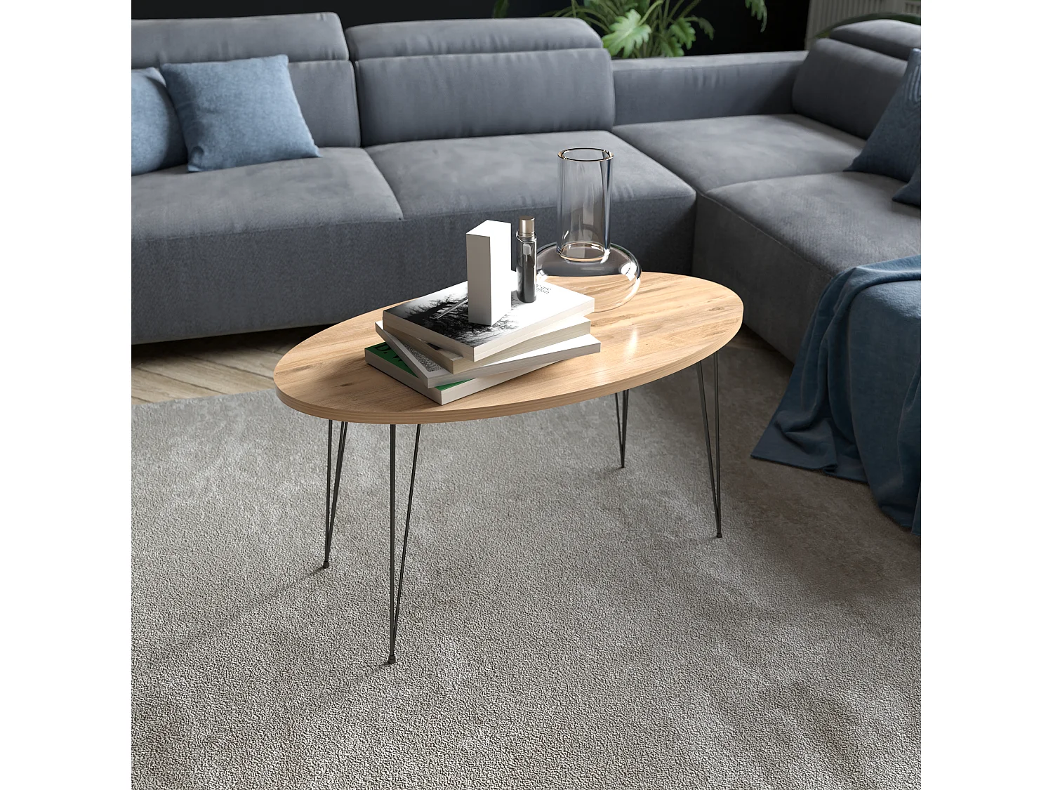 Table basse Skævinge ovale 43 x 90 x 50 cm naturel noir [en.casa]