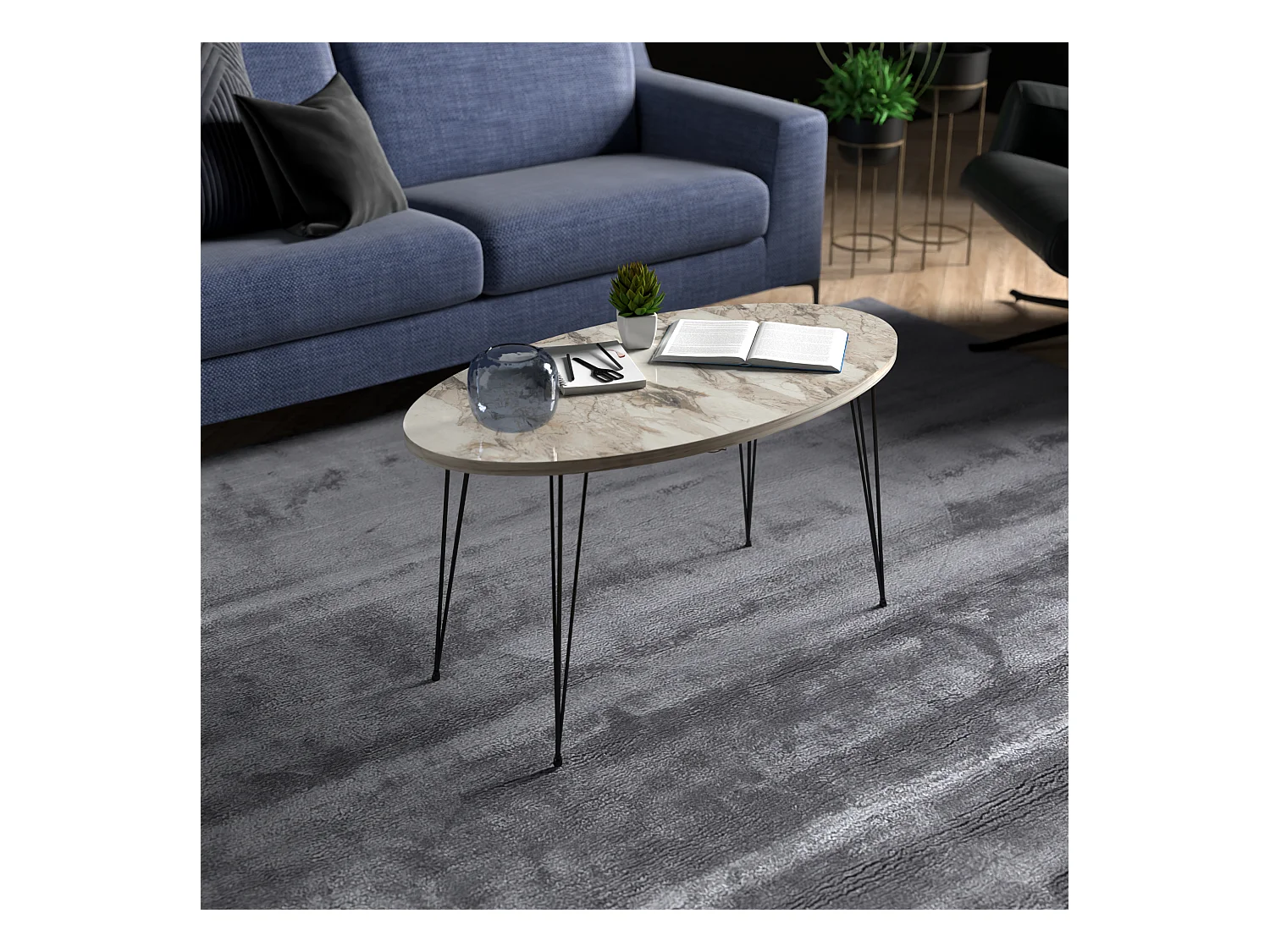Table basse Skævinge ovale 43 x 90 x 50 cm marbre blanc noir [en.casa]