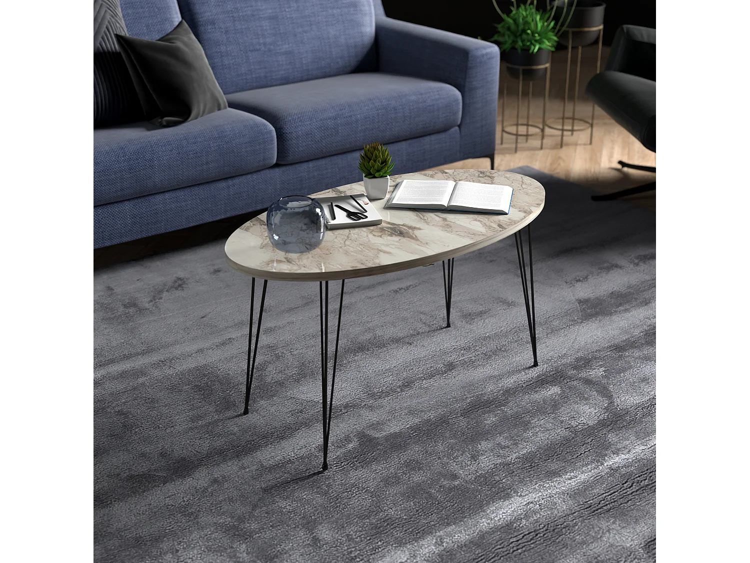 Table basse Skævinge ovale 43 x 90 x 50 cm marbre blanc noir [en.casa]