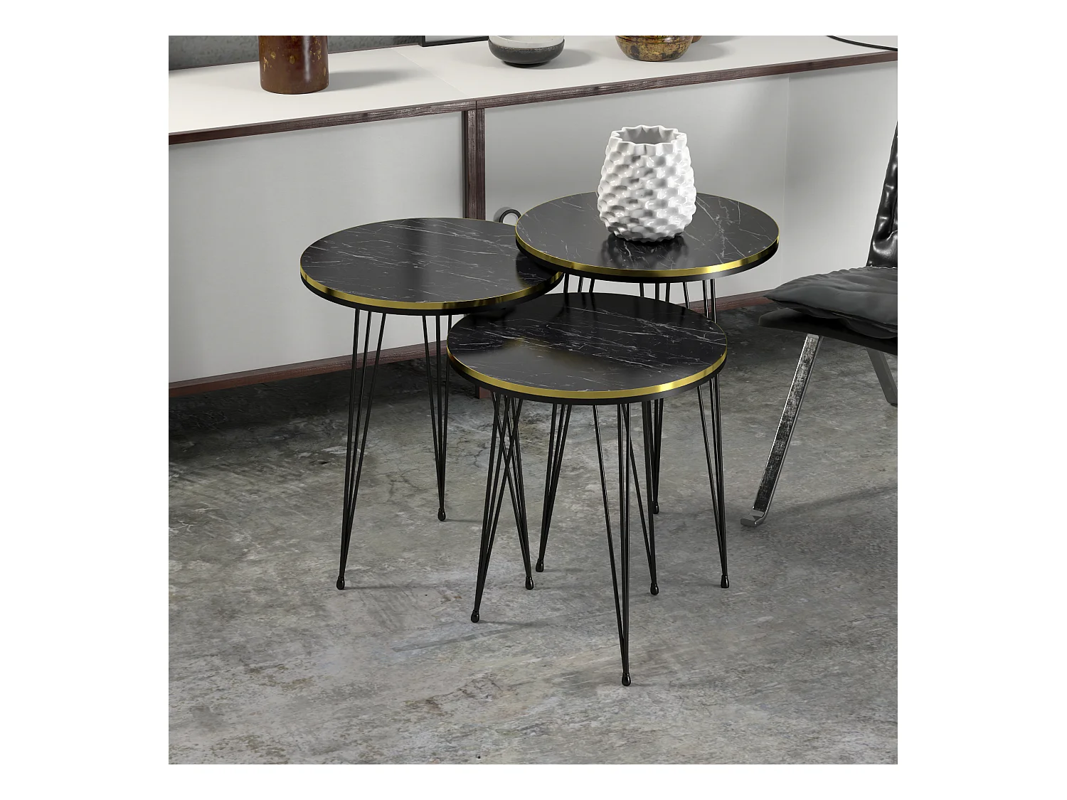 Set de 3 tables d'appoint Ry rondes gigognes marbre noir or [en.casa]