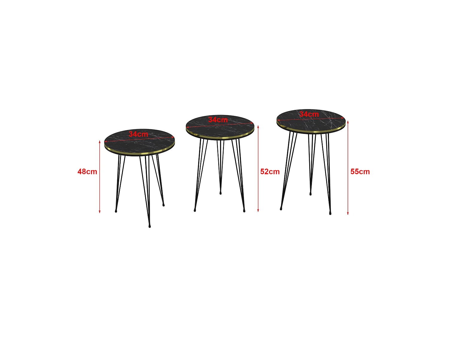 Set de 3 tables d'appoint Ry rondes gigognes marbre noir or [en.casa]