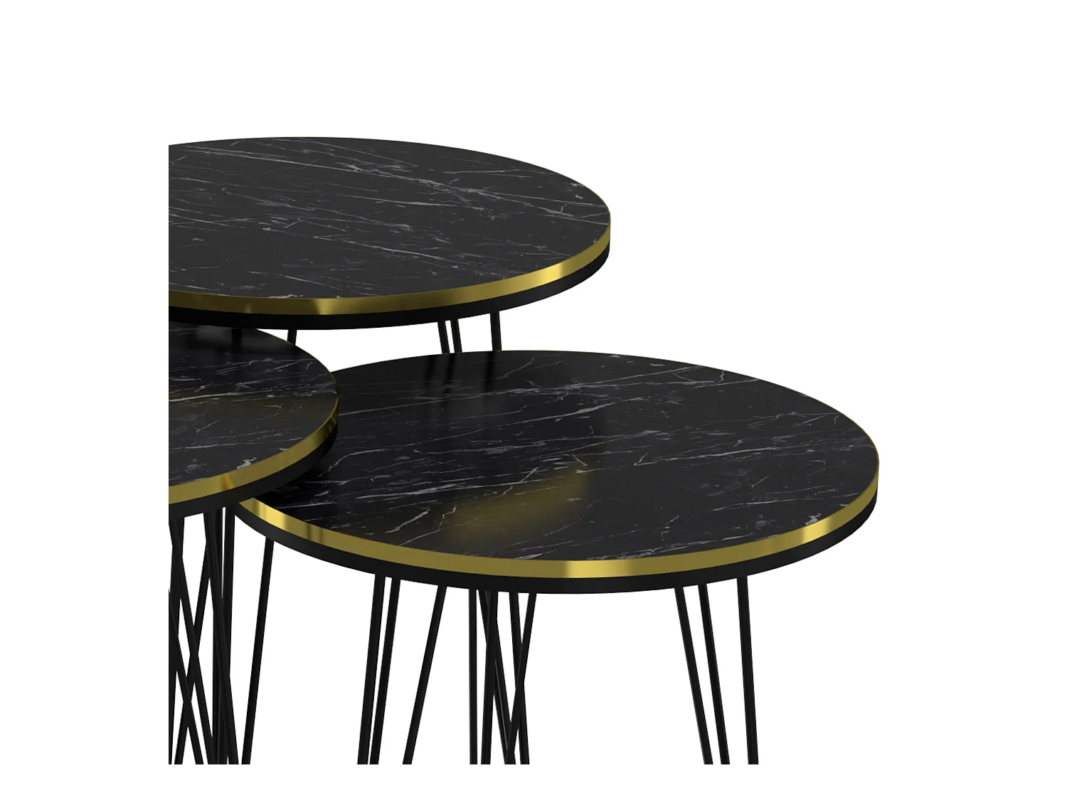Set de 3 tables d'appoint Ry rondes gigognes marbre noir or [en.casa]