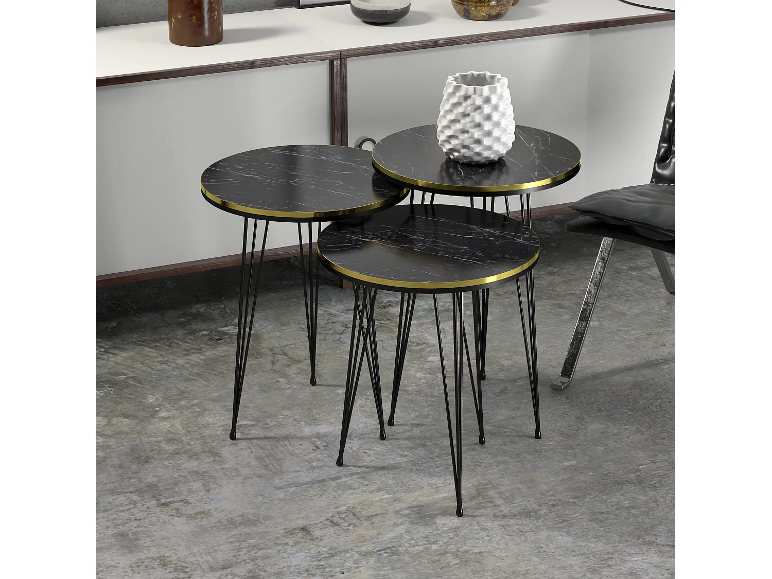 Set de 3 tables d'appoint Ry rondes gigognes marbre noir or [en.casa]