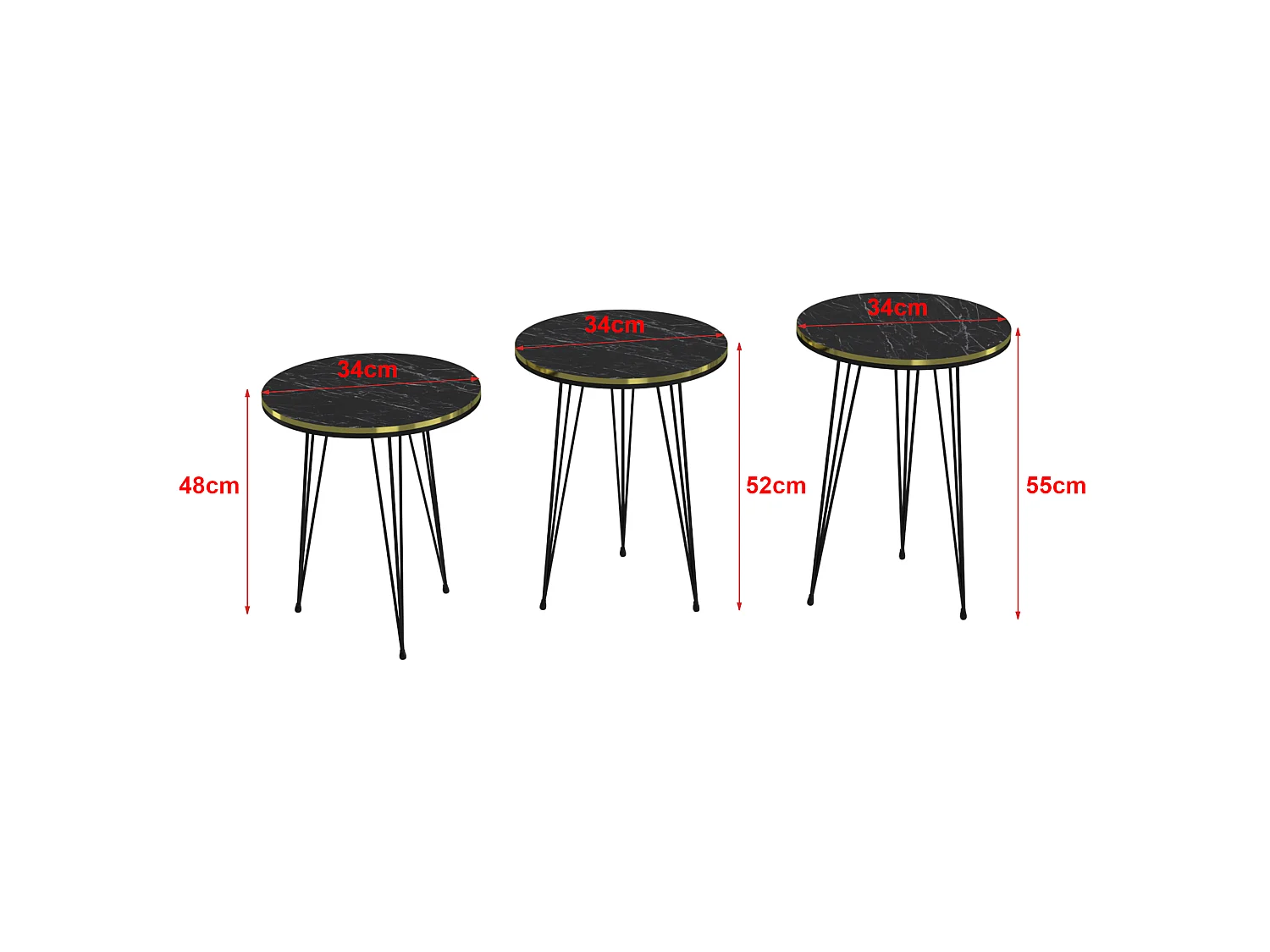 Set de 3 tables d'appoint Ry rondes gigognes marbre noir or [en.casa]