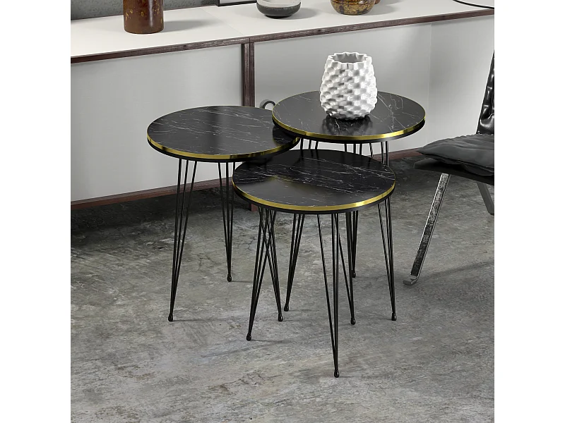 Set de 3 tables d'appoint Ry rondes gigognes marbre noir or [en.casa]