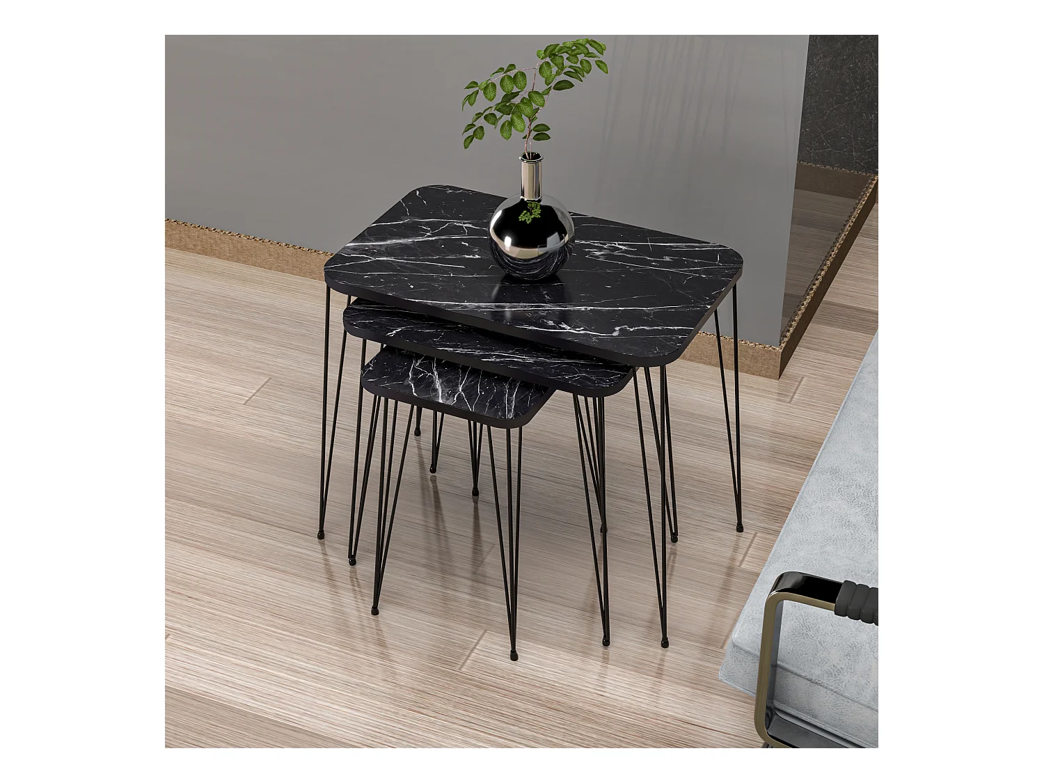 Set de 3 tables d'appoint Rudkøbing rectangulaires gigognes marbre noir [en.casa]