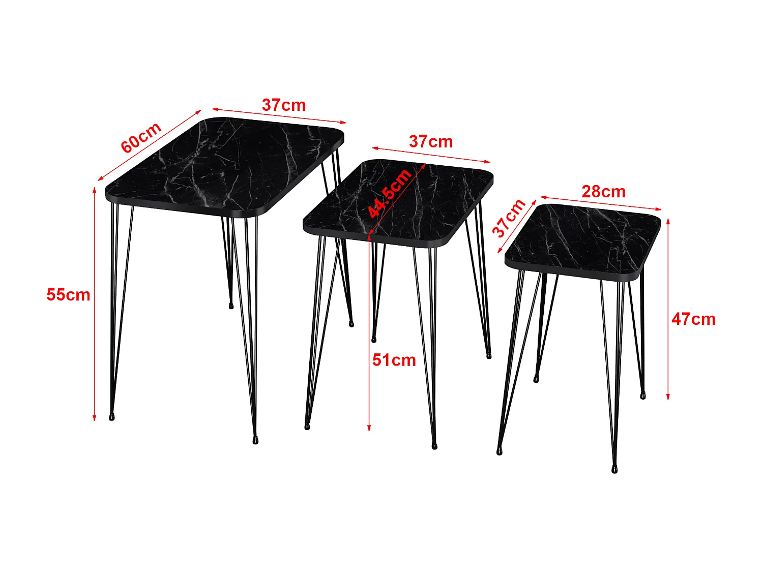 Set de 3 tables d'appoint Rudkøbing rectangulaires gigognes marbre noir [en.casa]