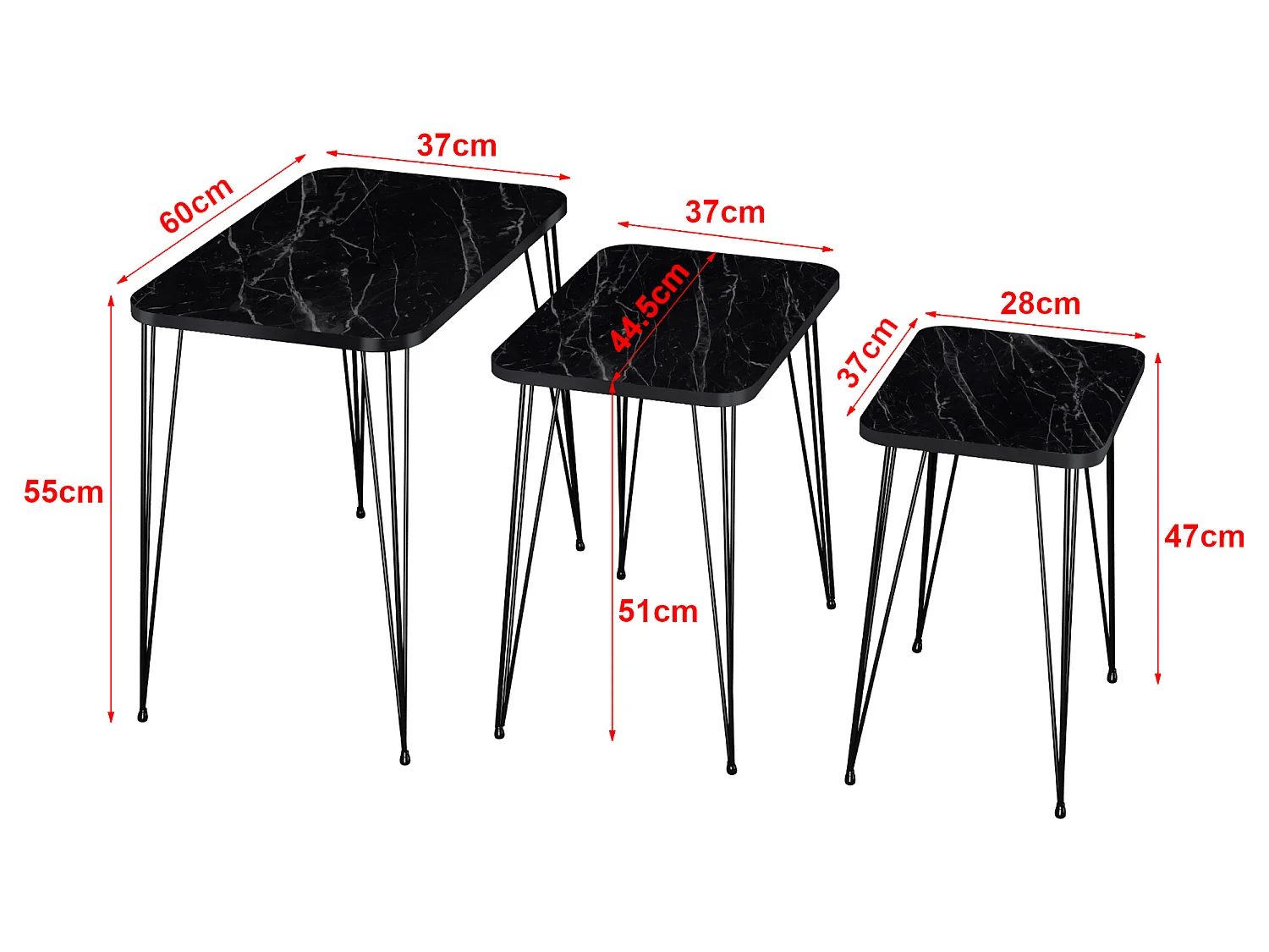 Set de 3 tables d'appoint Rudkøbing rectangulaires gigognes marbre noir [en.casa]