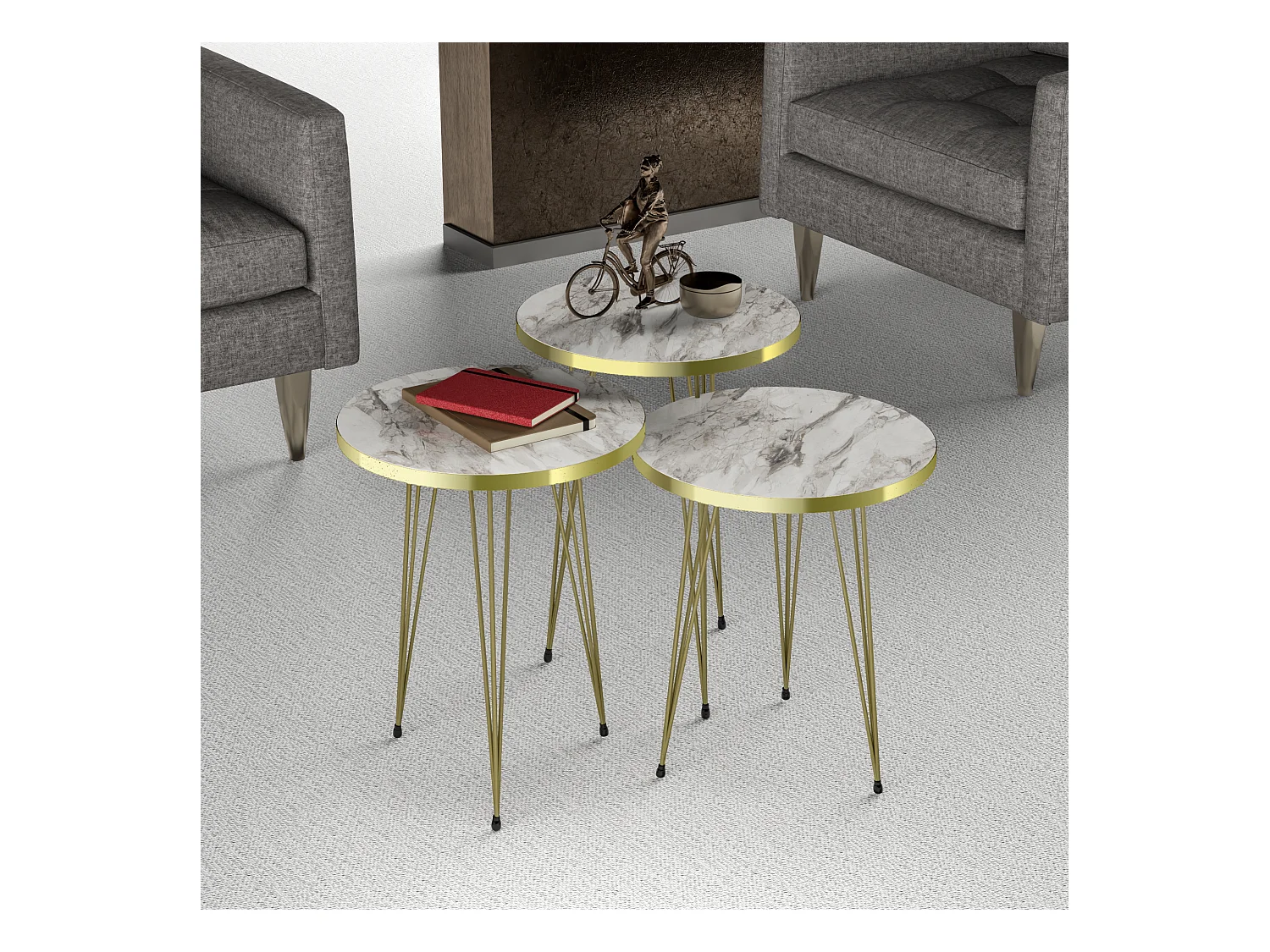 Set de 3 tables d'appoint Ry rondes gigognes marbre blanc or [en.casa]