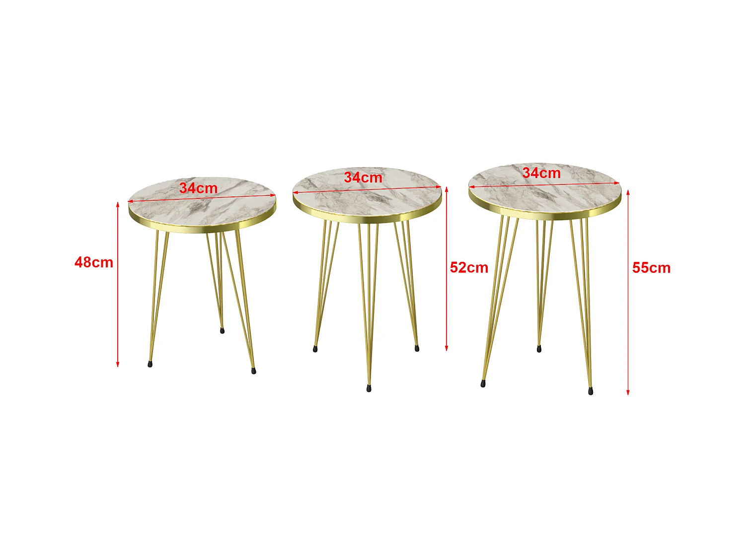Set de 3 tables d'appoint Ry rondes gigognes marbre blanc or [en.casa]