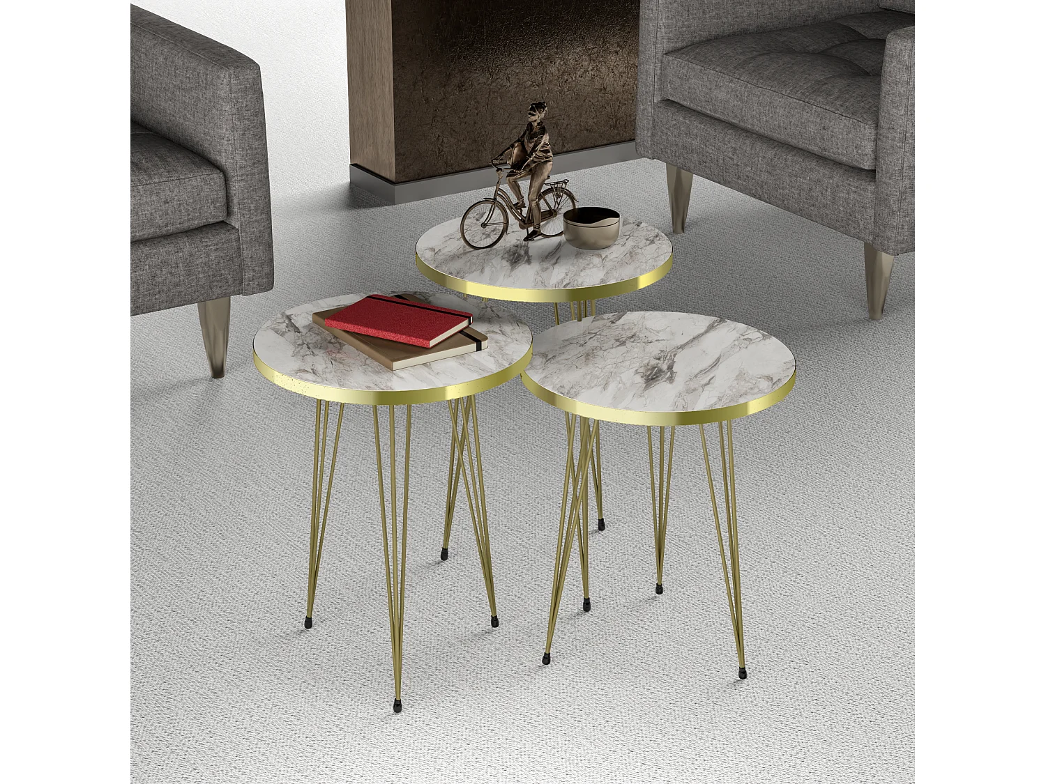 Set de 3 tables d'appoint Ry rondes gigognes marbre blanc or [en.casa]