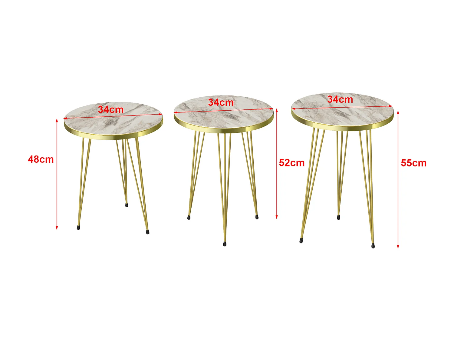 Set de 3 tables d'appoint Ry rondes gigognes marbre blanc or [en.casa]