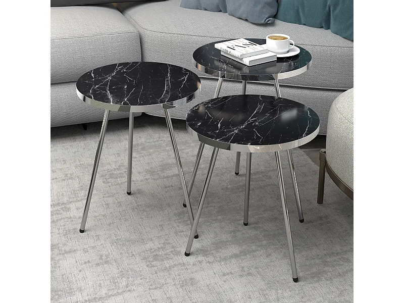Set de 3 tables d'appoint Sakskøbing rondes gigognes marbre noir argent [en.casa]