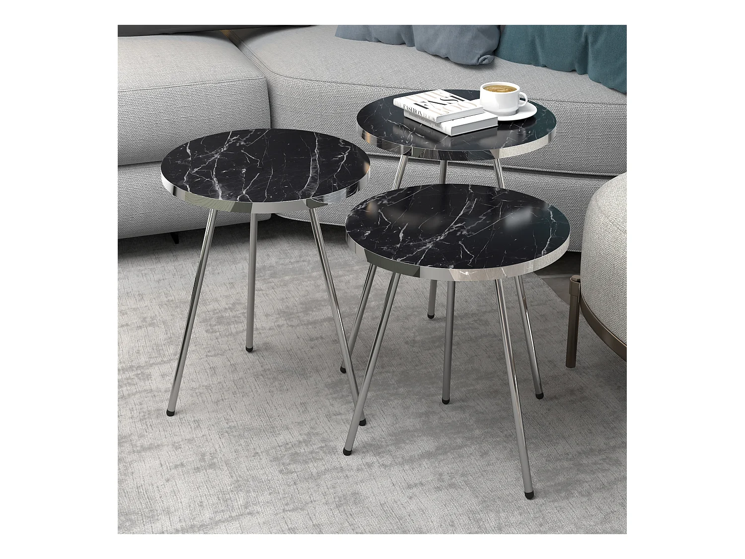 Set de 3 tables d'appoint Sakskøbing rondes gigognes marbre noir argent [en.casa]