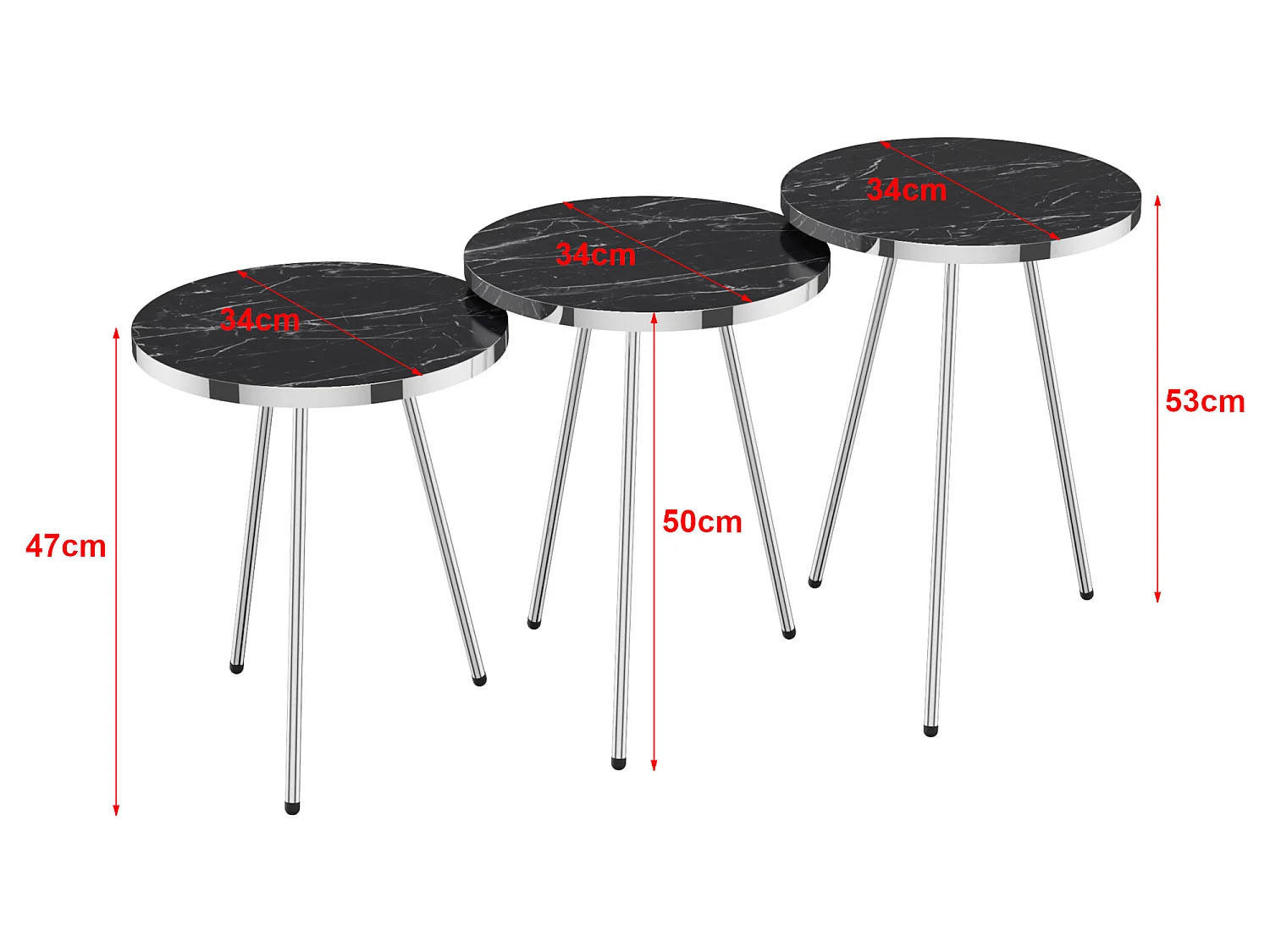 Set de 3 tables d'appoint Sakskøbing rondes gigognes marbre noir argent [en.casa]