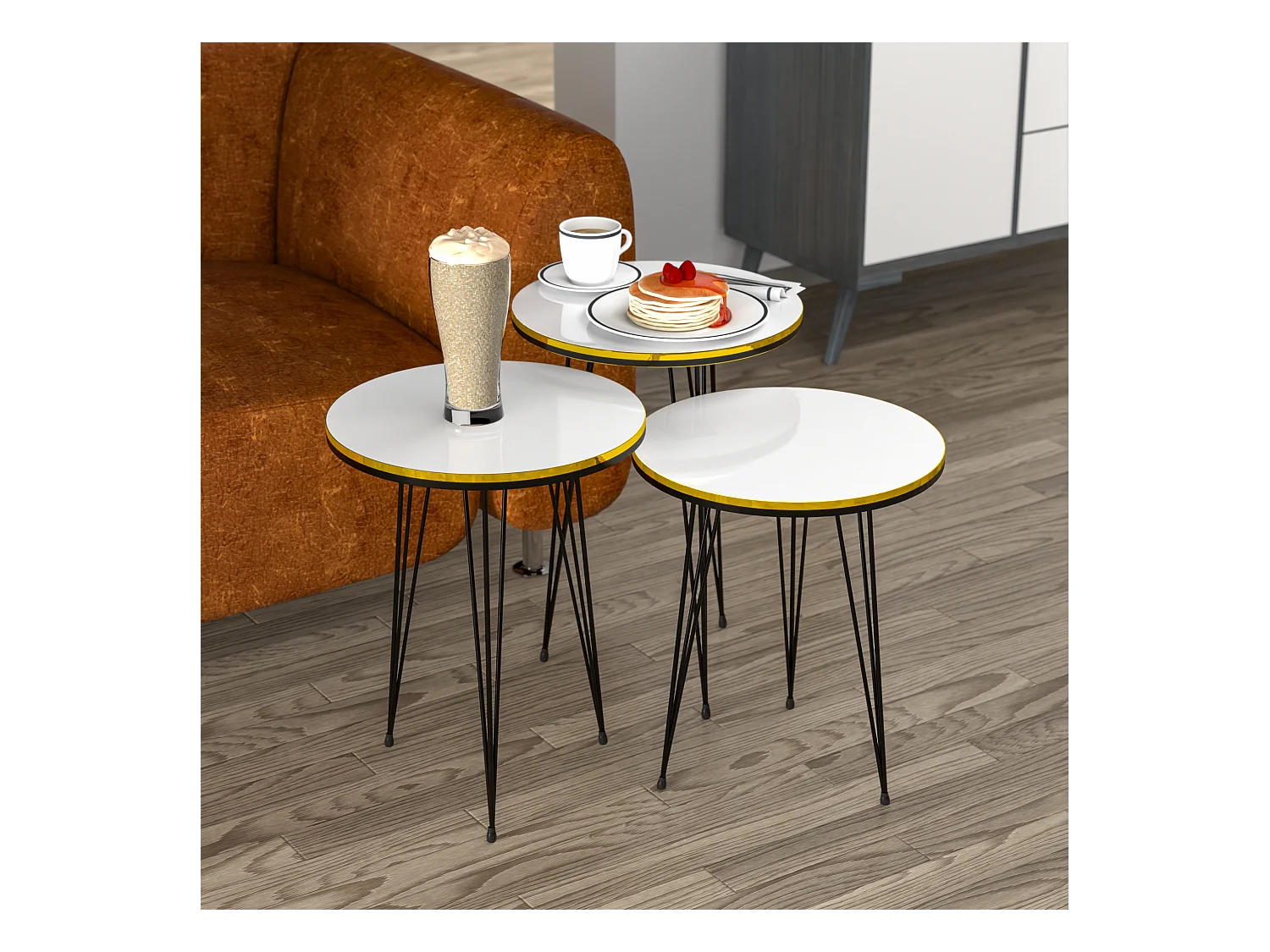 Set de 3 tables d'appoint Ry rondes gigognes blanc noir [en.casa]