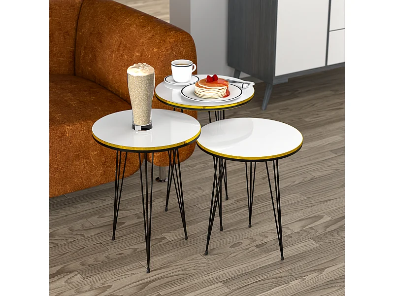 Set de 3 tables d'appoint Ry rondes gigognes blanc noir [en.casa]