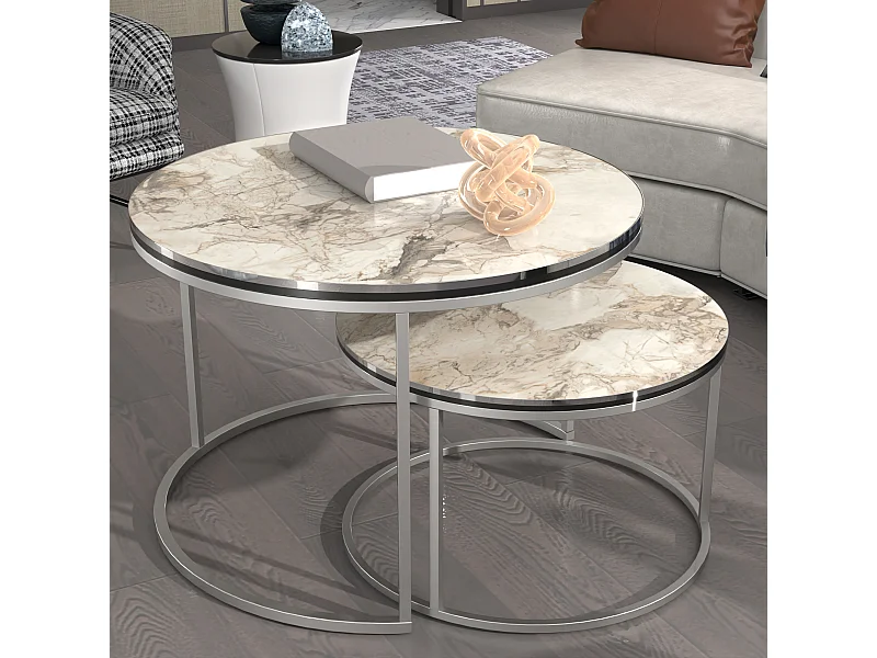 Set de 2 tables d'appoint Skagen rondes gigognes marbre blanc argent [en.casa]