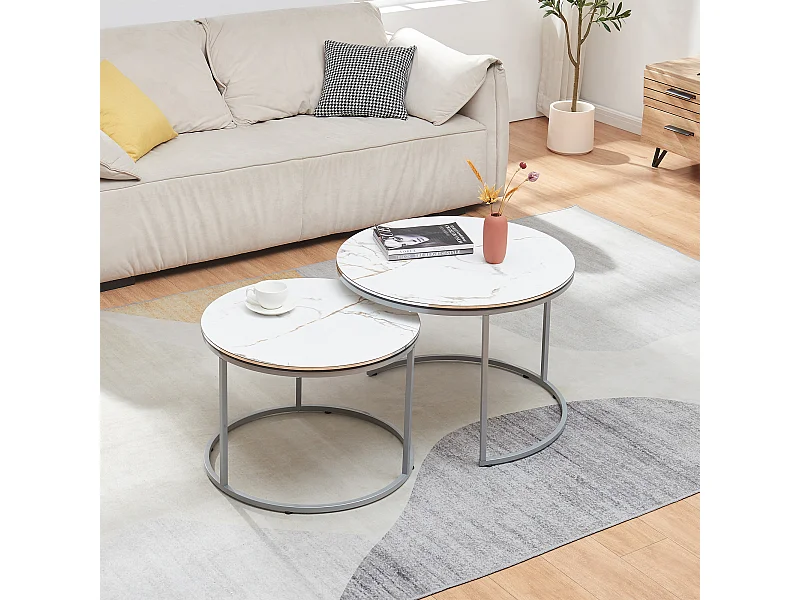 Set de 2 tables d'appoint Skagen rondes gigognes marbre blanc argent [en.casa]