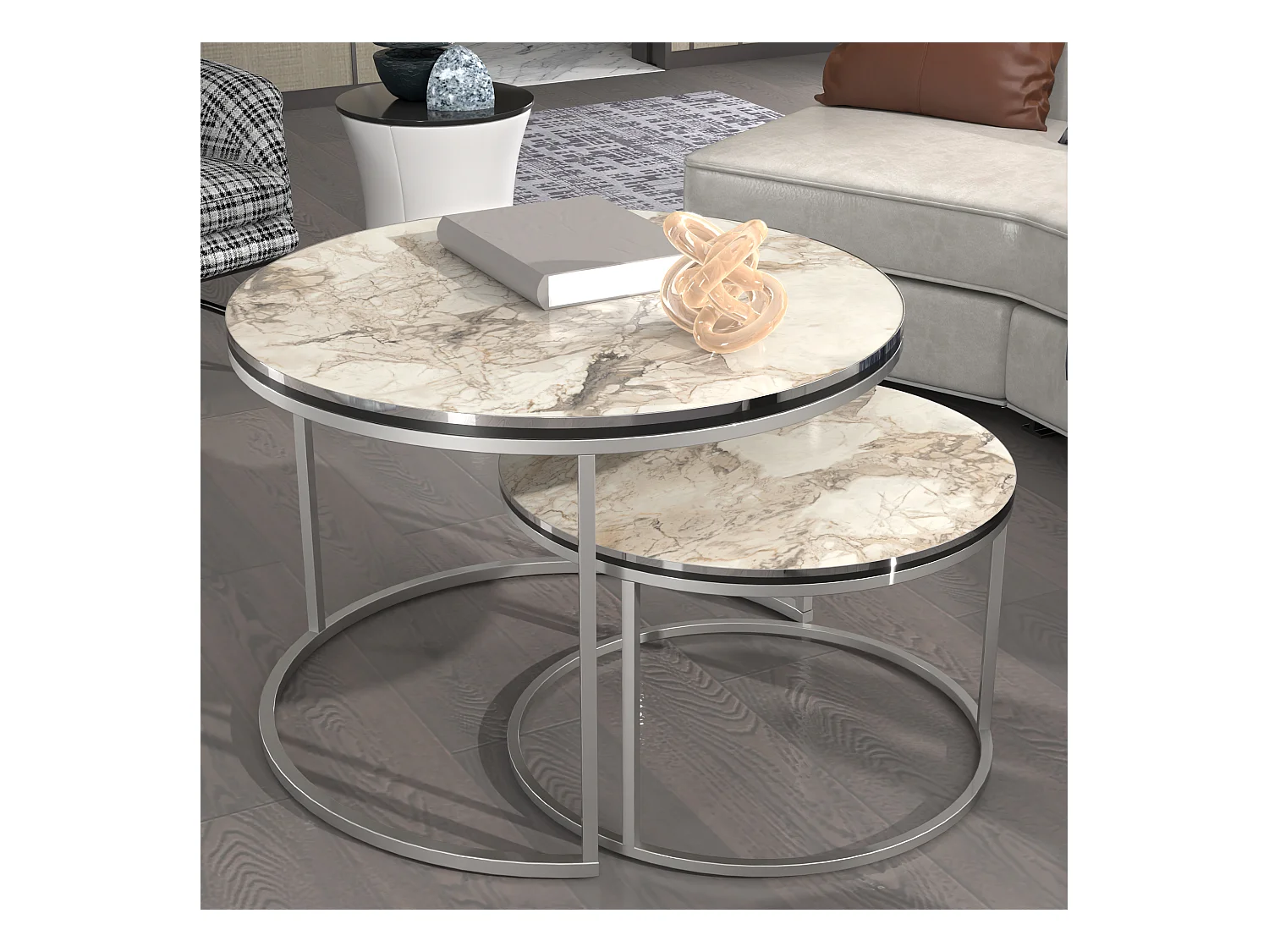 Set de 2 tables d'appoint Skagen rondes gigognes marbre blanc argent [en.casa]