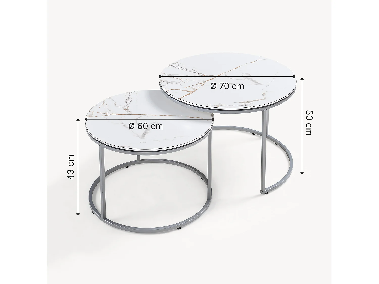 Set de 2 tables d'appoint Skagen rondes gigognes marbre blanc argent [en.casa]