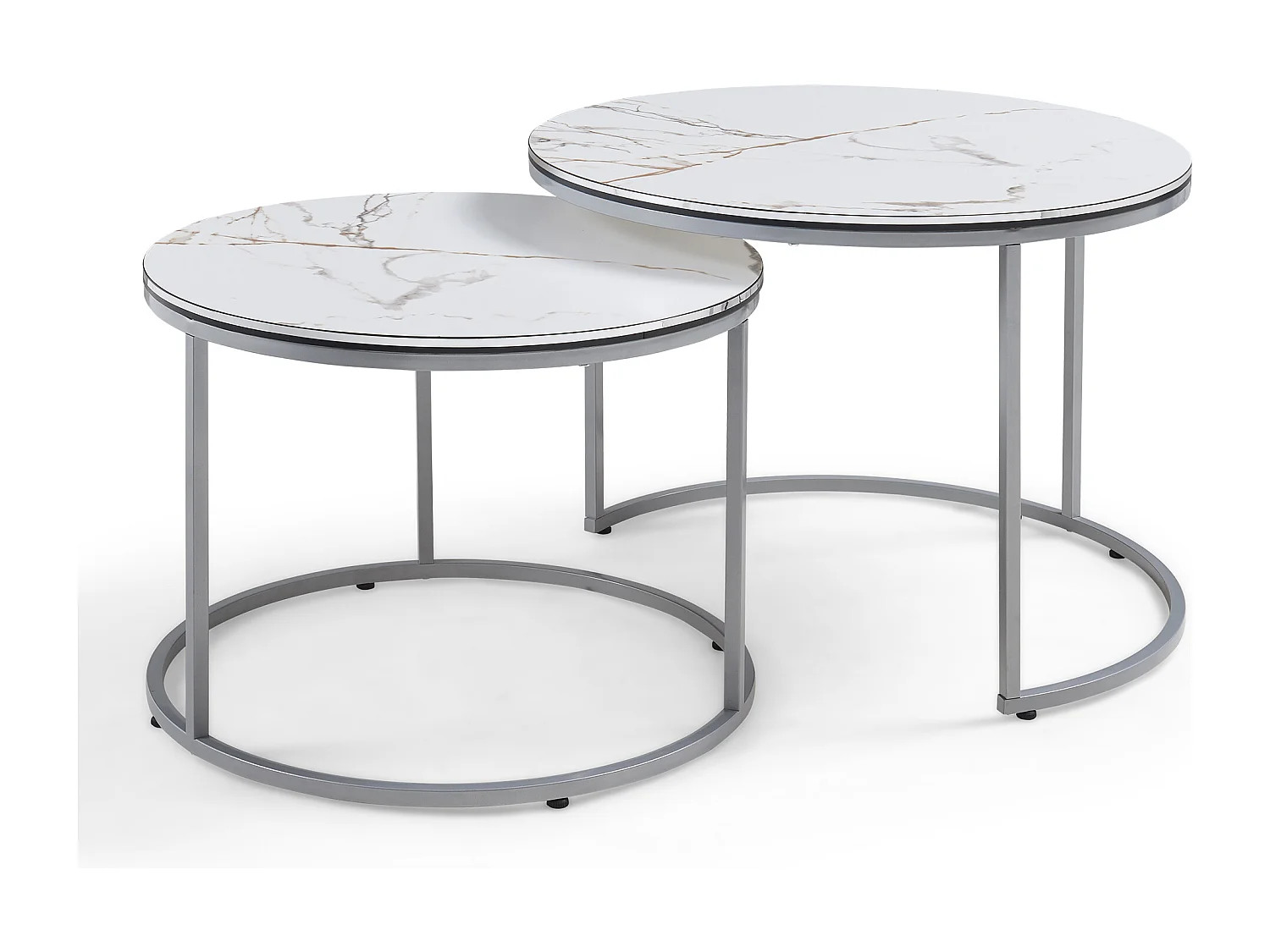 Set de 2 tables d'appoint Skagen rondes gigognes marbre blanc argent [en.casa]