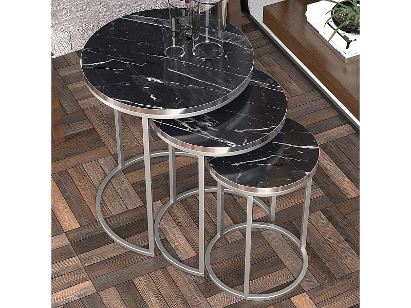 Set de 3 tables d'appoint Bornholm rondes gigognes marbre noir argent [en.casa]