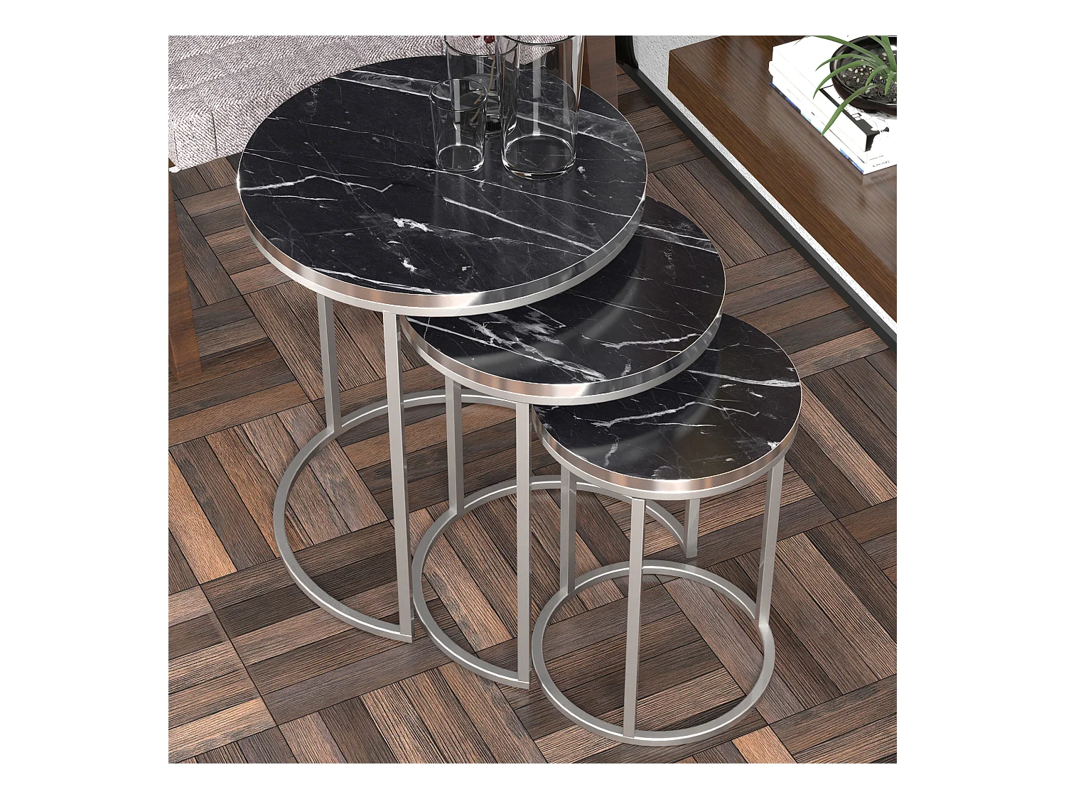 Set de 3 tables d'appoint Bornholm rondes gigognes marbre noir argent [en.casa]