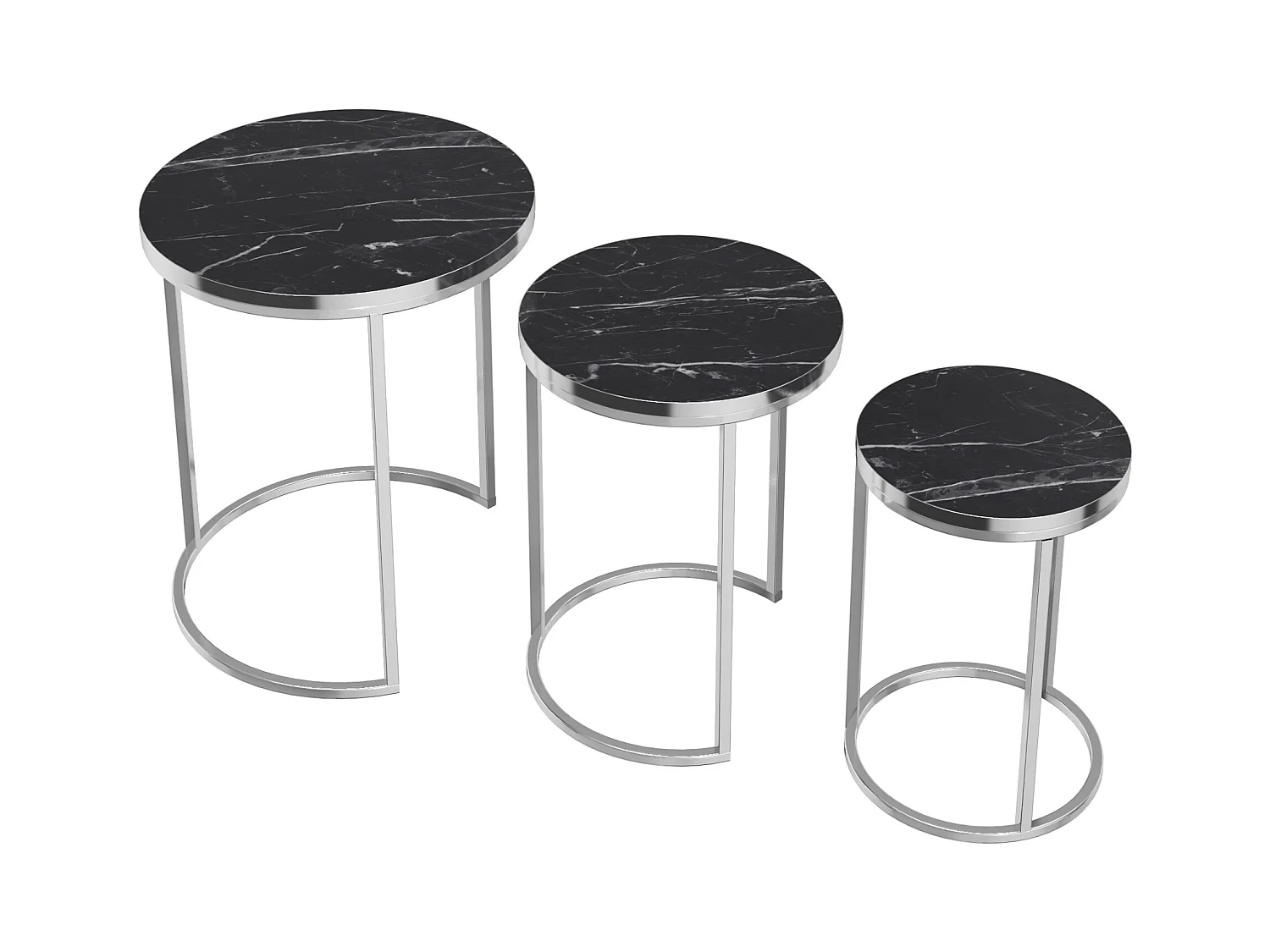 Set de 3 tables d'appoint Bornholm rondes gigognes marbre noir argent [en.casa]