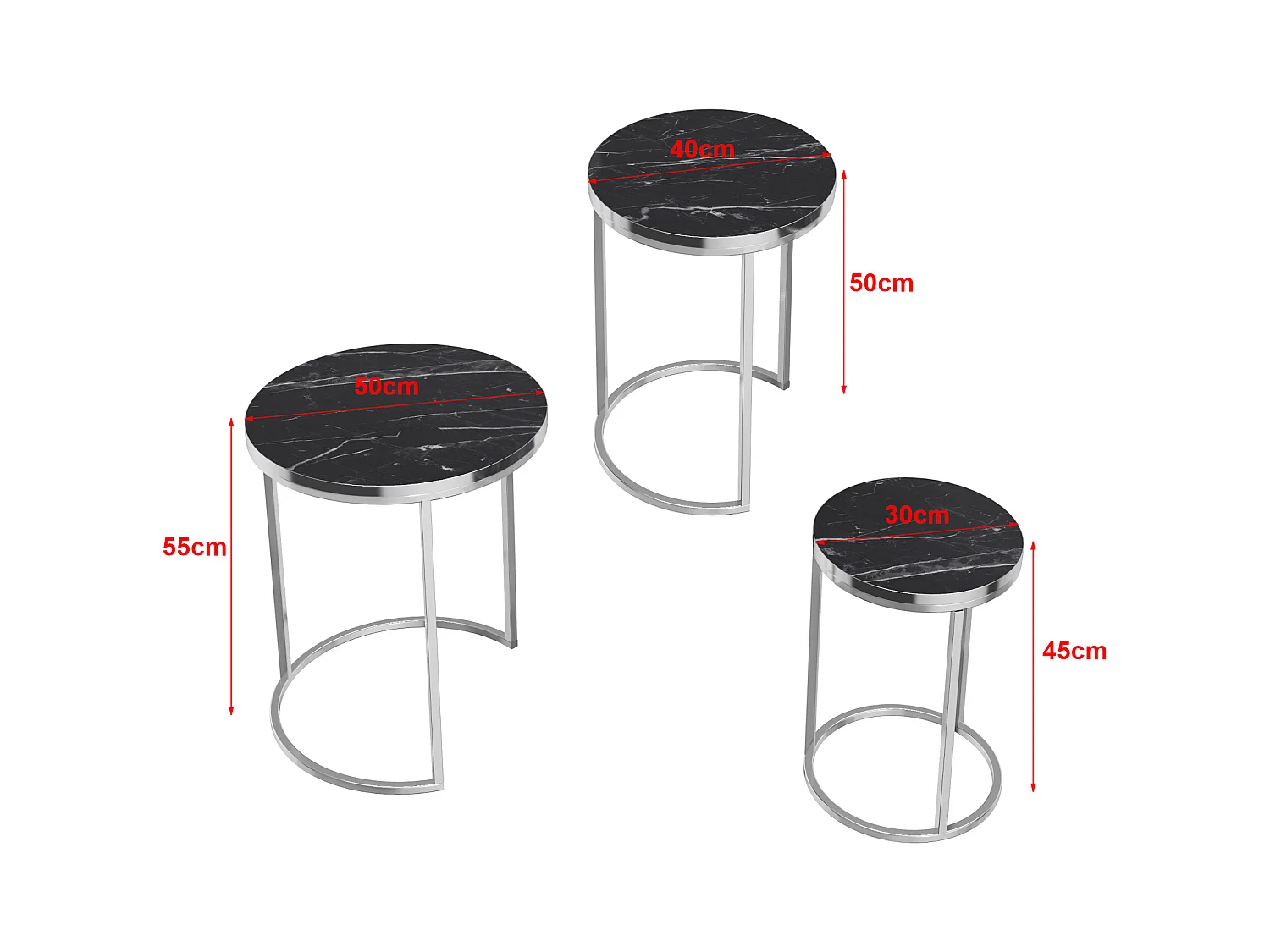 Set de 3 tables d'appoint Bornholm rondes gigognes marbre noir argent [en.casa]