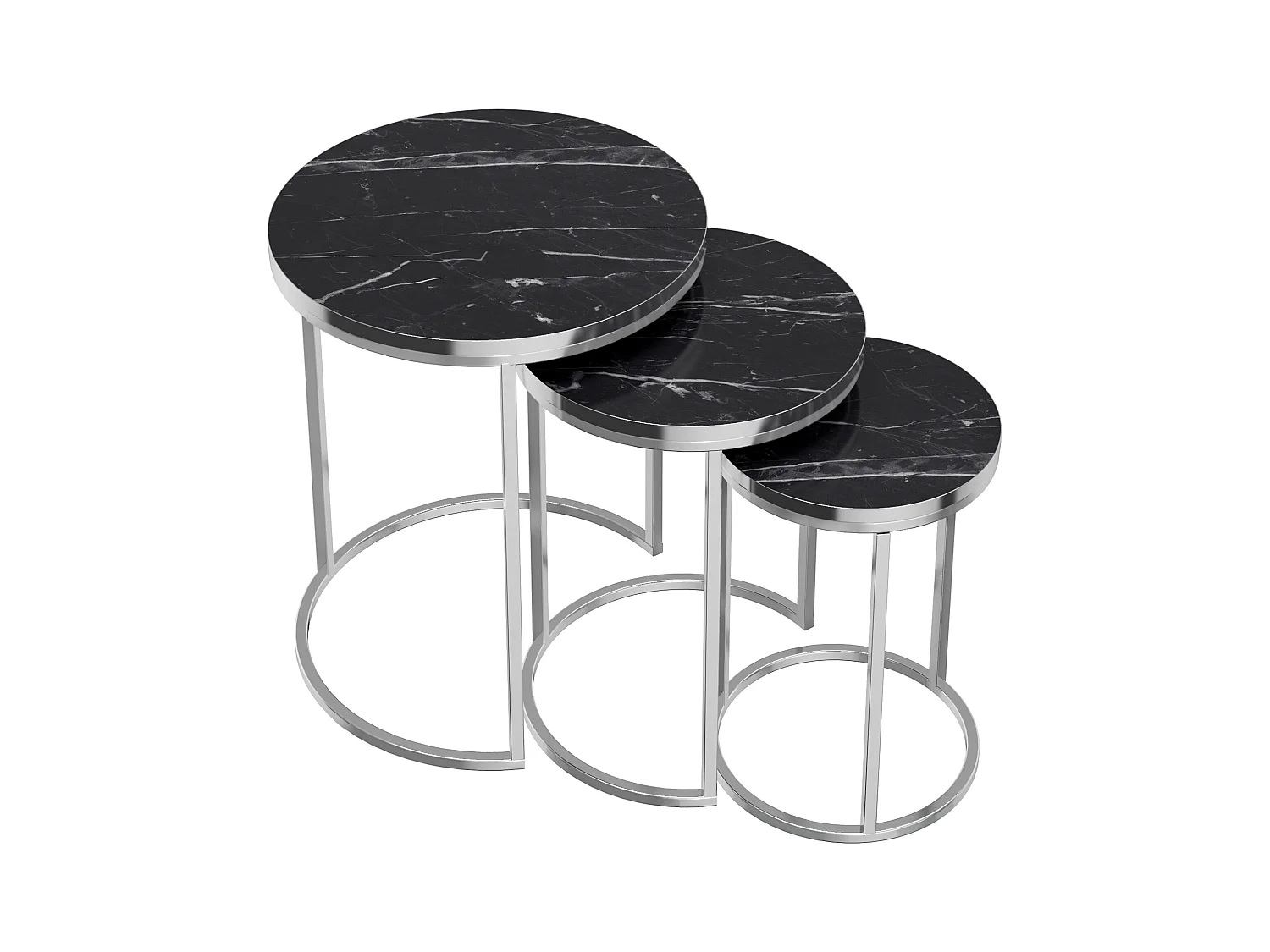 Set de 3 tables d'appoint Bornholm rondes gigognes marbre noir argent [en.casa]