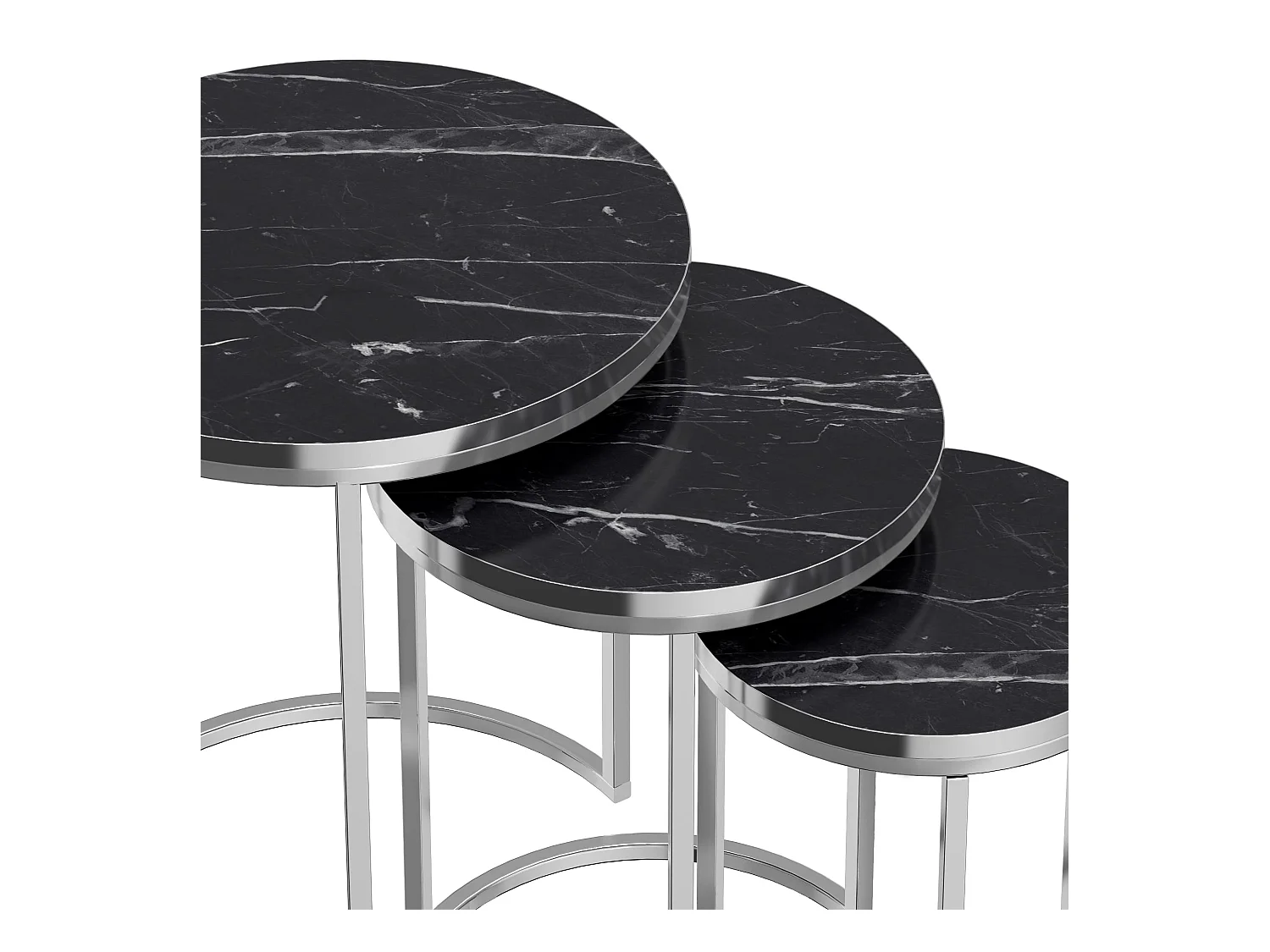 Set de 3 tables d'appoint Bornholm rondes gigognes marbre noir argent [en.casa]