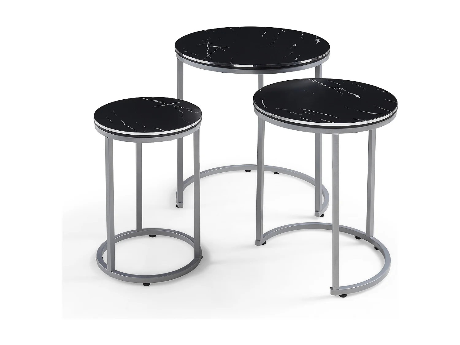 Set de 3 tables d'appoint Bornholm rondes gigognes marbre noir argent [en.casa]