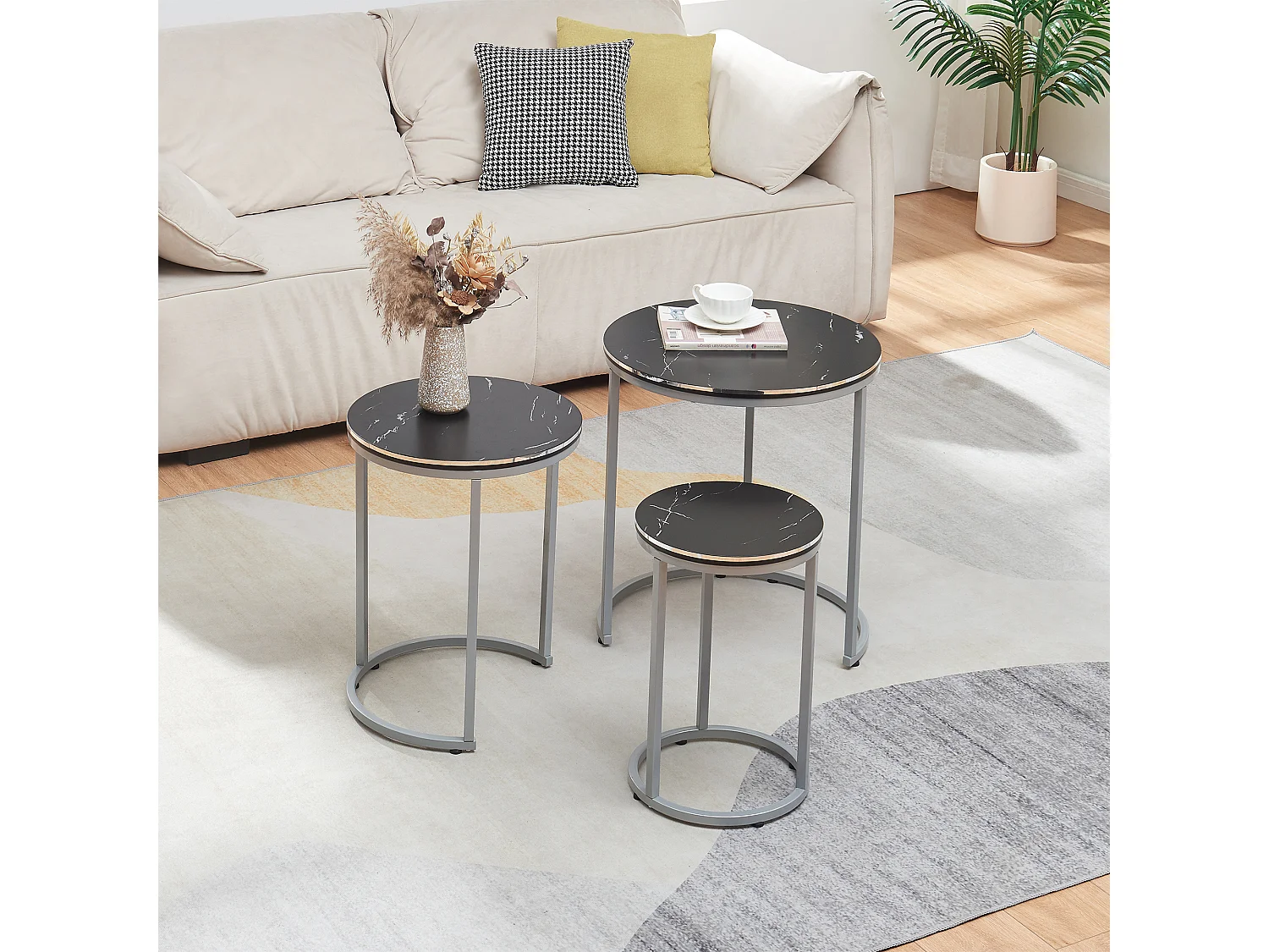 Set de 3 tables d'appoint Bornholm rondes gigognes marbre noir argent [en.casa]