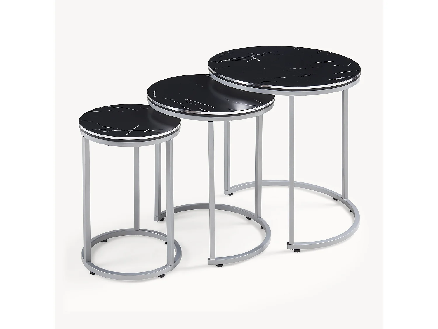 Set de 3 tables d'appoint Bornholm rondes gigognes marbre noir argent [en.casa]