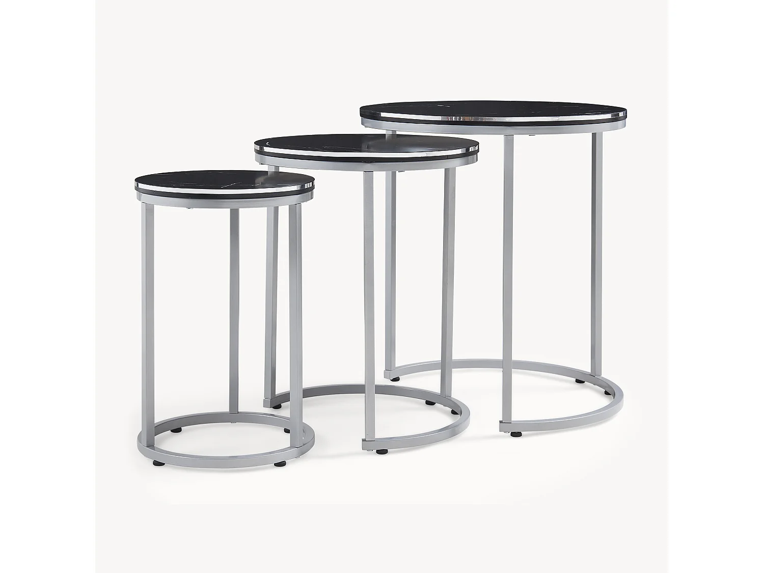 Set de 3 tables d'appoint Bornholm rondes gigognes marbre noir argent [en.casa]