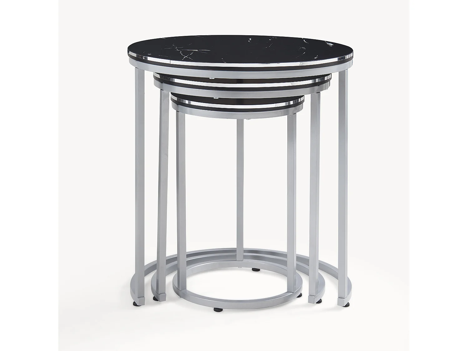 Set de 3 tables d'appoint Bornholm rondes gigognes marbre noir argent [en.casa]