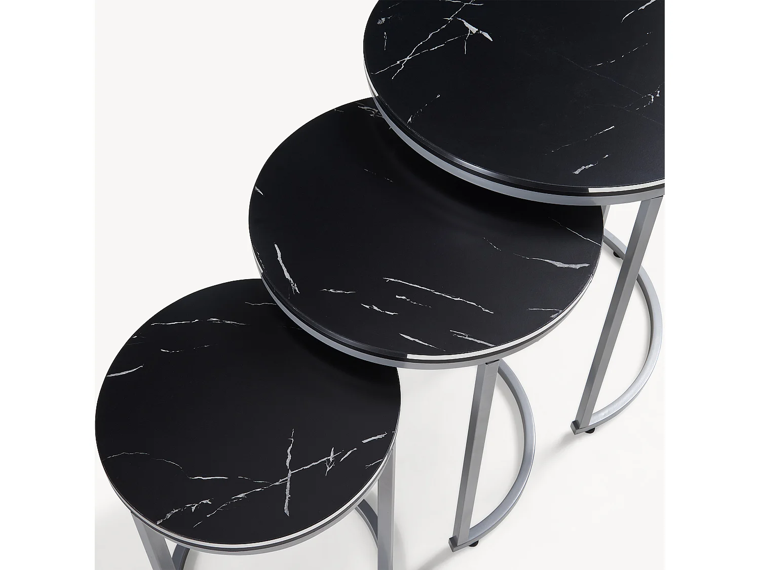 Set de 3 tables d'appoint Bornholm rondes gigognes marbre noir argent [en.casa]