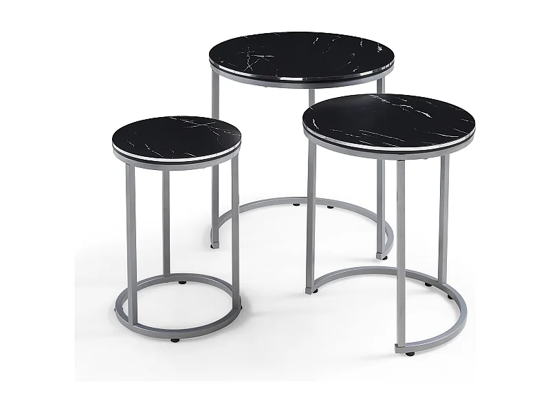 Set de 3 tables d'appoint Bornholm rondes gigognes marbre noir argent [en.casa]