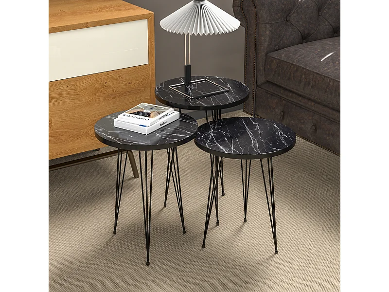 Set de 3 tables d'appoint Ry rondes gigognes marbre noir [en.casa]