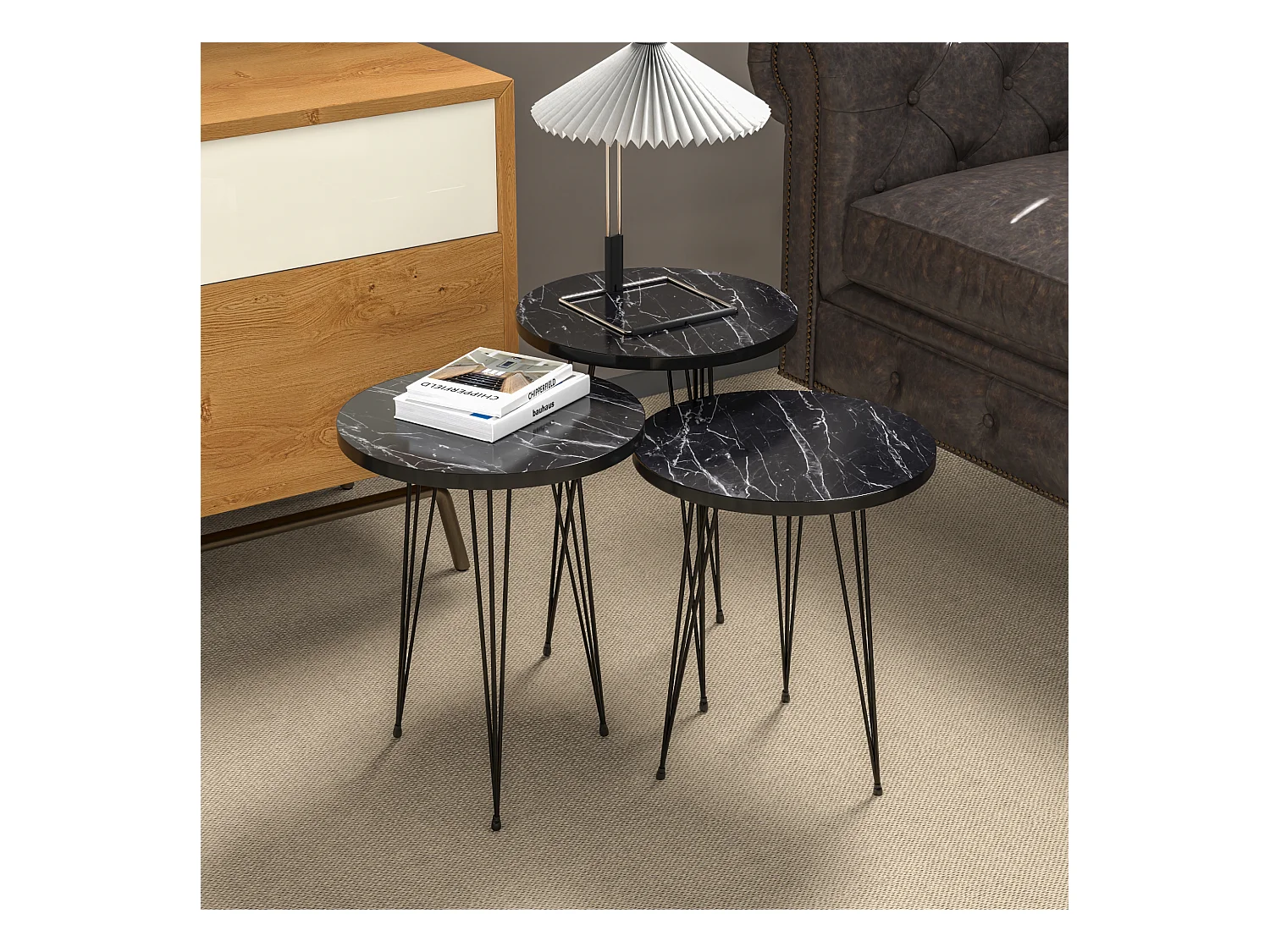Set de 3 tables d'appoint Ry rondes gigognes marbre noir [en.casa]