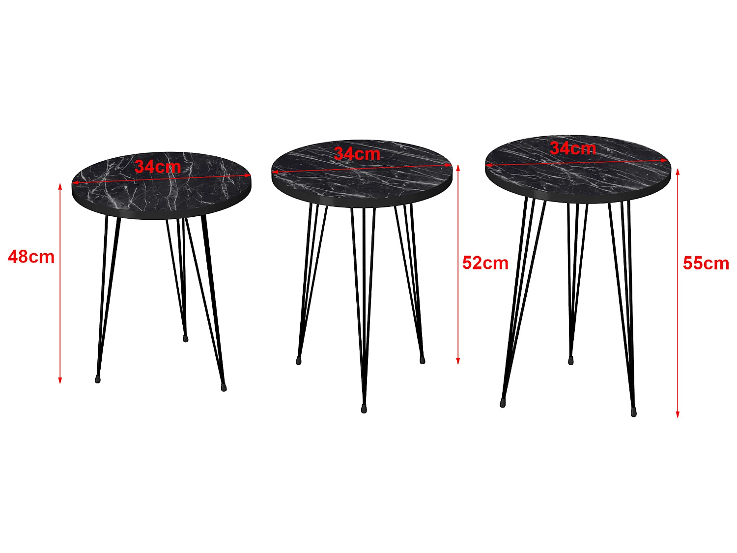 Set de 3 tables d'appoint Ry rondes gigognes marbre noir [en.casa]